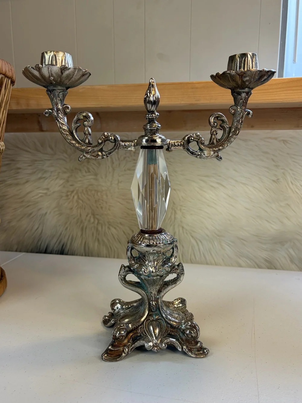Vintage Silver Tone Crystal Double Arm Candelabra Candle Holder Baroque Decor - Picture 1 of 11